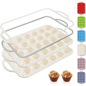 2 Packs 24 Cups Silicone Muffin Pan with Metal Reinforced Frame Mini Size Cupcake Pan Tray Egg Bites Silicone Circle Cookie Molds Muffin Tin Tart Pans Baking Sheet Set for Breakfast Sandwiches (Cream)