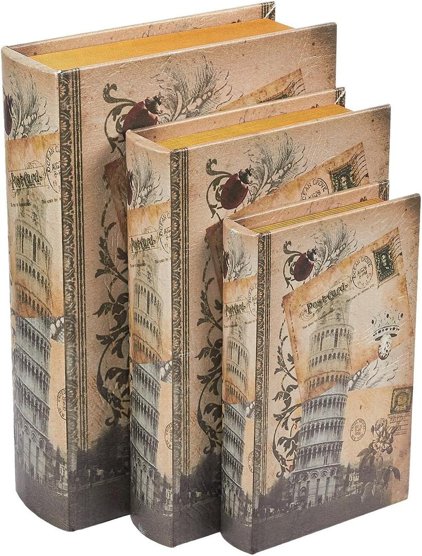 Book Safe – 3-Pack Fake Hollow Books, Hollowed Out Decorative Faux Books with Secret Hidden Compartment Box for Storage – Hide Jewelry, Money, Valuables, and More, Leaning Tower of Pisa Design