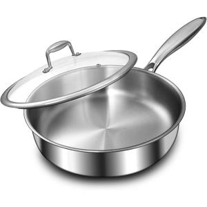 12 Inch Tri-Ply Stainless Steel Frying Pan, Deep Frying Pan with lids, PFOA&PTFE Free Skillet, Induction Cooking Pan, Dishwasher and Oven Safe, Fast & Even Heat, Heavy Duty and Detachable Handle