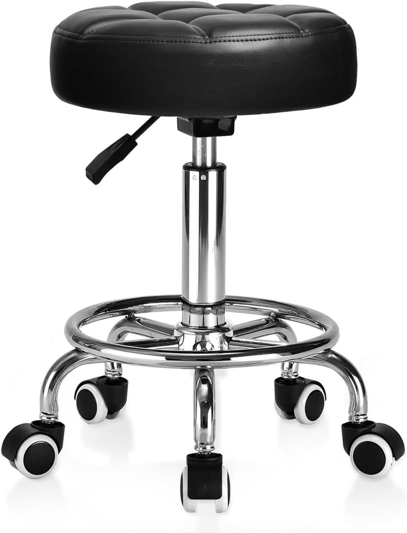 Rolling Stool PU Leather Round - Ultra Soft Padded Seat Cushion Stool with Wheels with Footrest, Weight Capacity 300lb,Adjustable Height Stool for Tattoo Massage Salon Medical Spa Center (Jet Black), Standard