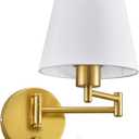 VONLUCE Swing Arm Wall Lamp, Plug in & Hardwired Wall Sconce, Adjustable Wall Mounted Lighting Fixture, Modern Wall Light with Golden Base White Fabric Shade for Bedside, Hallway, Reading