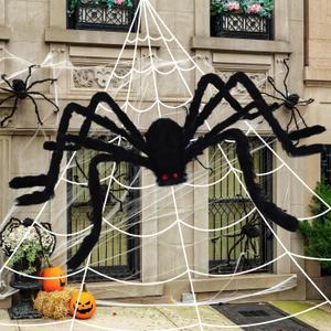16.5Ft Giant Spider Web + 5Ft Hairy Spider & Stretch Cobwebs - CJYGEGE Halloween Decorations Scary Fake Spider with Triangular Huge Spider Web Large Props for Outdoor Indoor Haunted House Porch Yard
