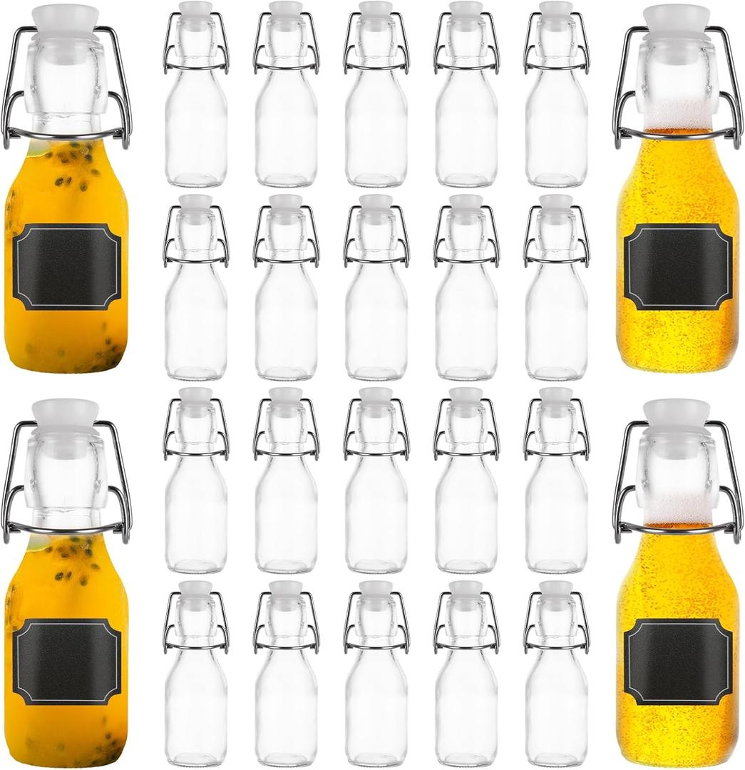 24 Pack 4 oz Mini Flip Top Glass Bottle with Stoppers, Decorative Small Swing Top Bottles with Lids, Small Glass Bottles with Stickers for Wedding Themed Party Gift