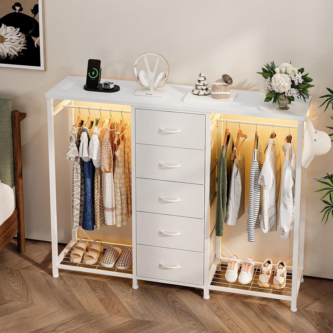 Dresser with Hanging Rack, 5 Drawer Chest with Charging Station & LED, 55.1"D x 13.8"W x 43.3"H