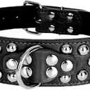 Serijoars 2" Width Leather Dog Collar, Spiked Studded Heavy Duty Adjustable for Medium Large Dogs (M, Black1)