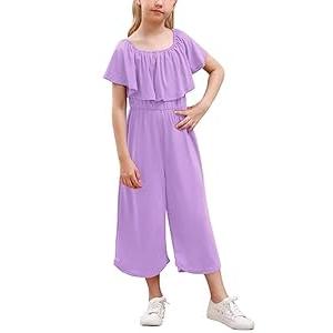 GORLYA Girls Scoop Neck Ruffle Overlay Jumpsuit Rompers Casual Loose Long Wide Leg Jumper Outfits 4-14T, 8Y, Mauve)