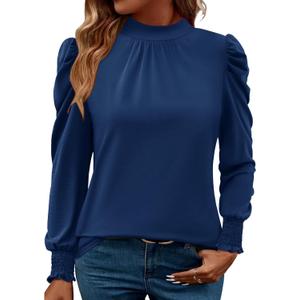 LUYAA Puff Long Sleeve Shirts for Women Tops Dressy Casual Frill Mock Neck Smocked Cuffs Blouses (XX-Large, Blue)
