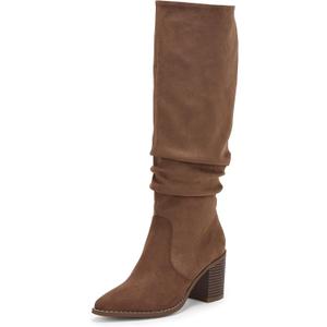 Huiyuzhi Womens Pointed Toe Mid Chunky Heel Side Zipper Knee High Boots Tall Booties (Brown)