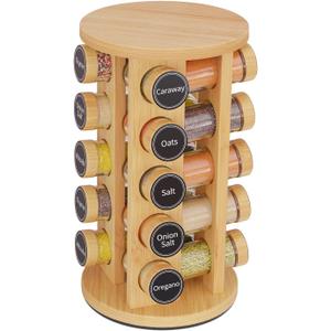 New England Stories Revolving Spice Rack Set with 20 Spice Jars, Kitchen Spice Tower Organizer for Countertop or Cabinet - Carousel Storage Includes 386 Spice Labels (Bamboo)