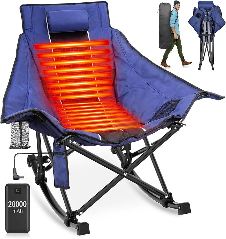 Suteck Heated Rocking Camping Chair, XL Oversized Rocking Chair Outdoor with 3 Heat Levels for Back and Seat, Heated Chairs Outdoor Sports W/20,000mAh Power Bank for Patio Lawn Picnic Travel