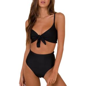 Blooming Jelly Womens High Waisted Bikini Set Tie Knot High Rise Two Piece Swimsuits Bathing Suits (Medium, Black)
