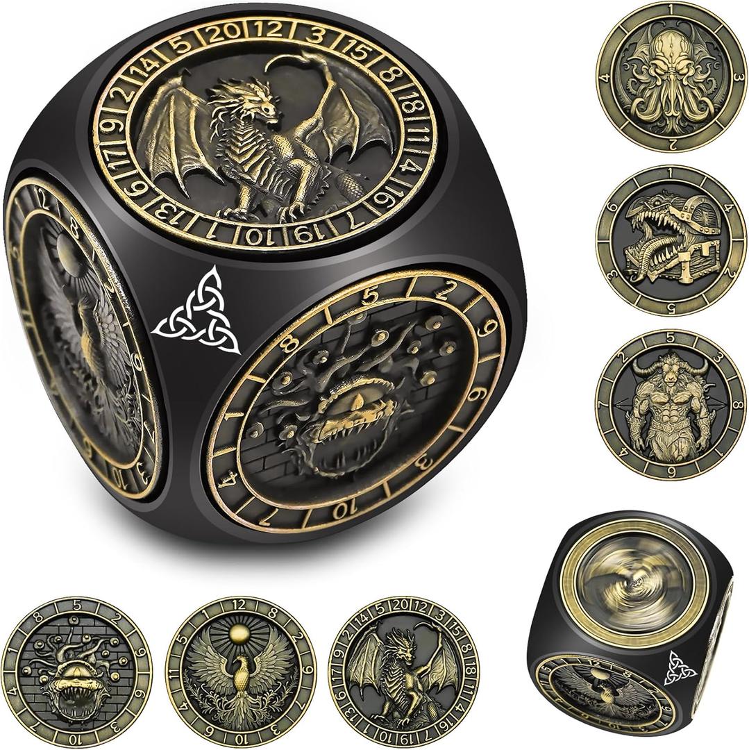 DND Spinner Dice, 7 in 1 Unique Metal Dice Set with 3D Relief for Dungeons and Dragons Gifts, Cool Polyhedral Role Playing Game Dice, Fantasy D&D Tabletop RPG Accessories for DM & Player (Black)