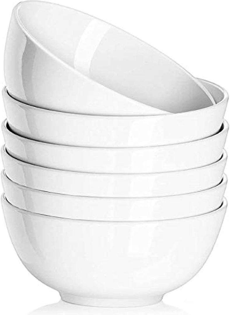 DELLING 22 Oz Ceramic Cereal Bowls Set of 6, White Porcelain Soup Bowls - Deep Bowls for Kitchen Snack Rice Pasta Salad Oatmeal, Microwave Dishwasher Safe