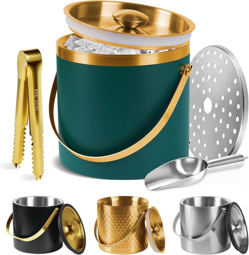 Ice Bucket, Ice Bucket with Silicone Sealing Ring Double-Wall Vacuum Insulation Champagne Buckets with Filter Layer Ice Tongs Ice Scoop (Green, 4 L)