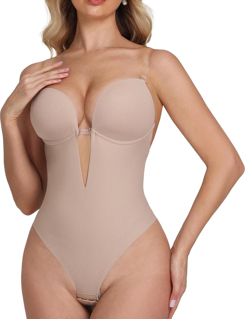 SHAPSHE Backless Strapless Bra Bodysuit Clear Strap Seamless Faja Shapewear with Built In Bra Short Torso Bodysuits for Wedding Party (Beige, XL)