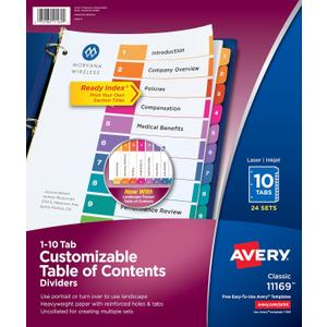 Avery 10 Tab Dividers for 3 Ring Binders, Customizable Table of Contents, Multicolor Tabs, 24 Sets (11169)