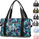 Expandable Travel Duffle Bag for Travel, Carry on Tote Bag Weekender Overnight Hosptital Bag for Men Women Lightweight Luggage Maternity BagBlue Leaves
