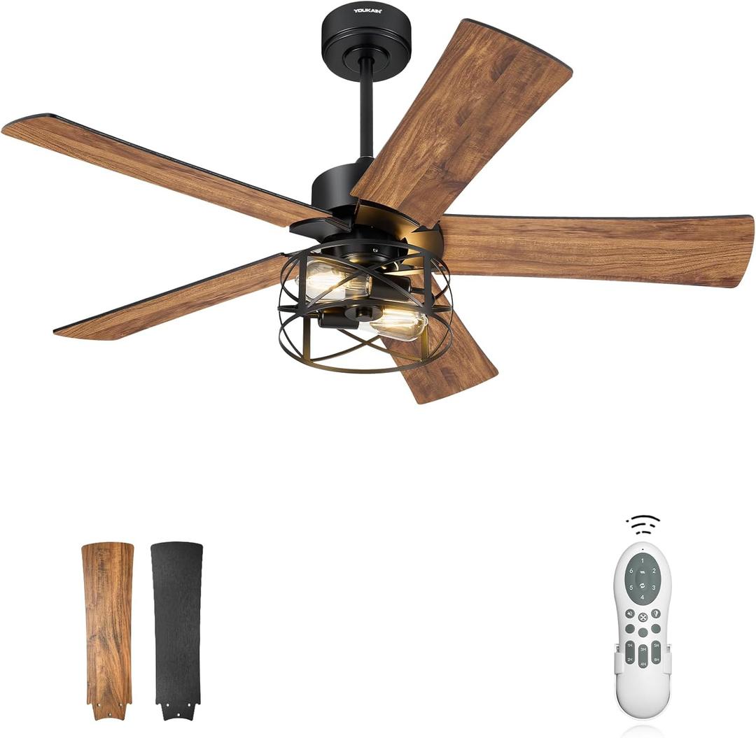 YOUKAIN Ceiling Fans with Lights, 48 Inch Farmhouse Ceiling Fans with Lights and Remote, 5-Reversible Blades with Matte Black/Wooden Finish, 48-YJ632-BKW (48" - Metal Shade (No Glass))