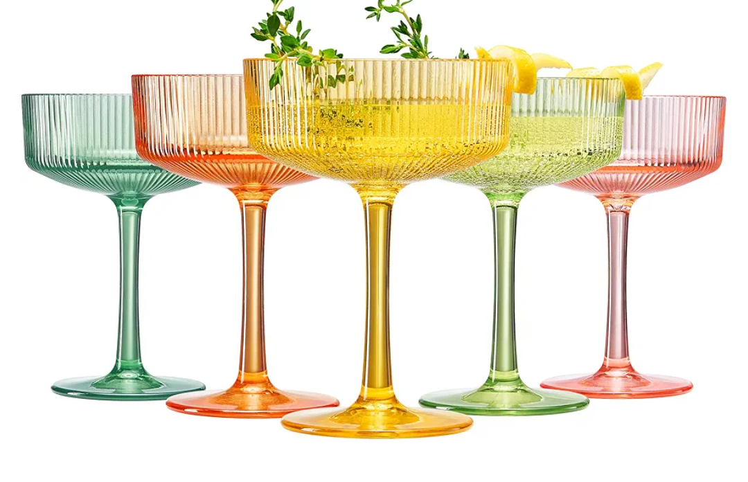 Shatterproof Acrylic Ribbed Vintage Art Deco Martini, Champagne & Cocktail Bright Pastels Color Plastic Tritan Coupe Glasses | Set of 5 | 8 oz Ripple Classic Cocktail Indoor & Outdoor, European Style