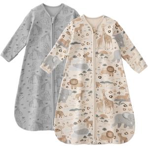 Unnivoll Baby Sleep Sack 12-18 Months 100% Cotton Long Sleeve Wearable Blanket Baby Sleep Bag with 2-Way Zipper 2 Pack 0.5 Tog Sleeping Sack for Newborn Infant Apricot Gray Elephant