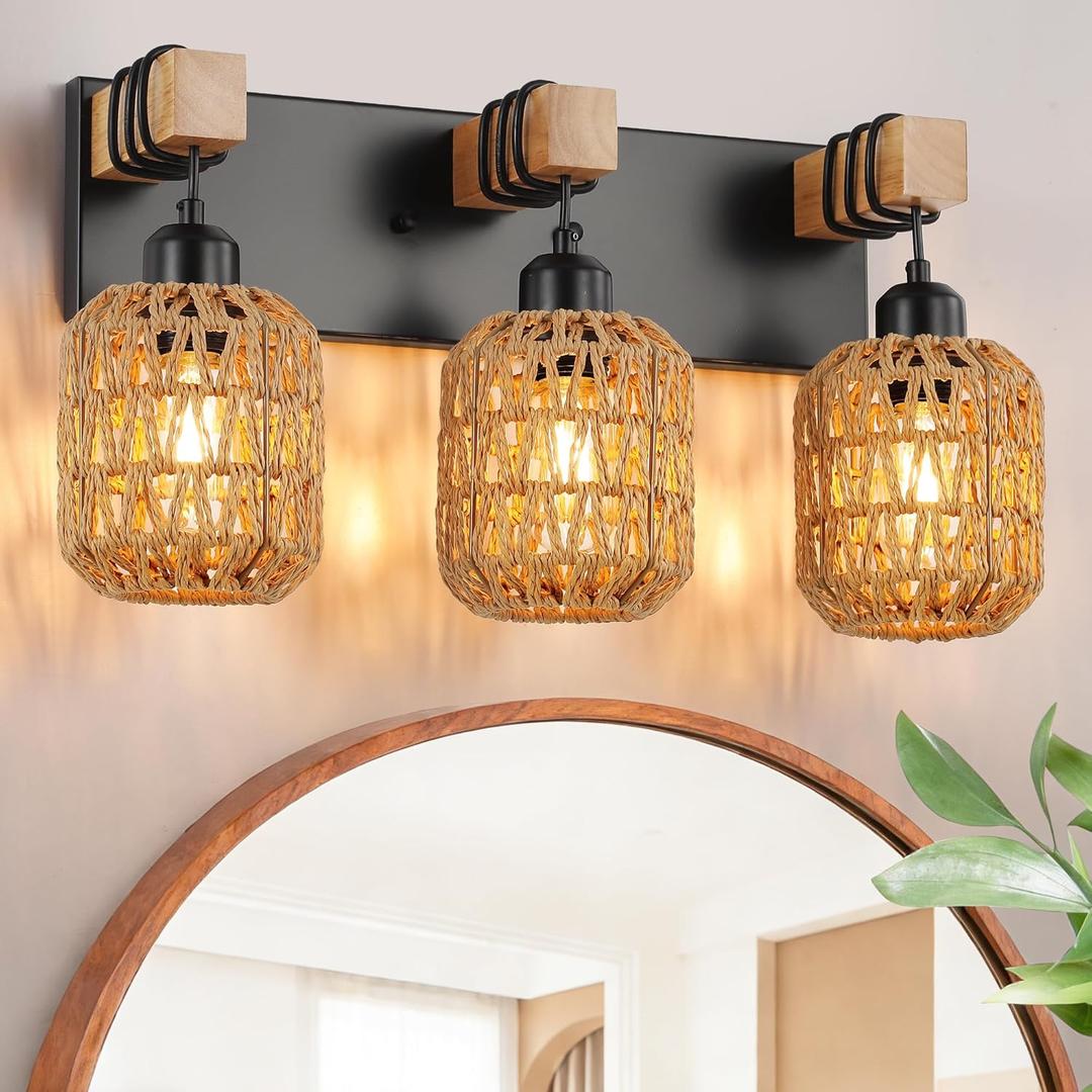 Farmhouse Bathroom Light Fixture, Boho Vanity Light, 3-Light Rattan Bathroom Light Fixture Over Mirror Rustic Vanity Lighting with Handwoven Shades, Suit for Restroom, Bedroom, Hallway (Black)