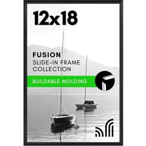 Americanflat 12x18 Poster Frame with Polished Front Cover - Slide-In Photo Frame with Buildable Molding - Fusion Collection - Picture Frames for Wall Display - Black