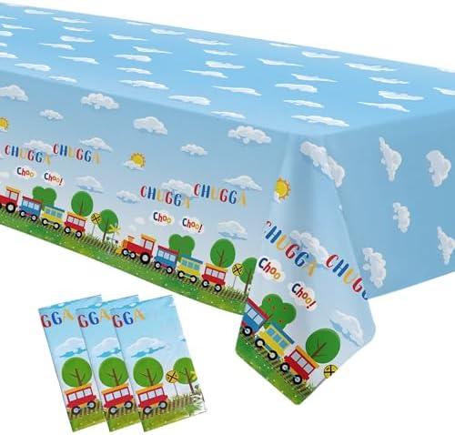 APOWBLS Train Birthday Party Supplies Tablecloth, Disposable Train Birthday Decorations Table Cover, 3 Pack, 54in x 108in