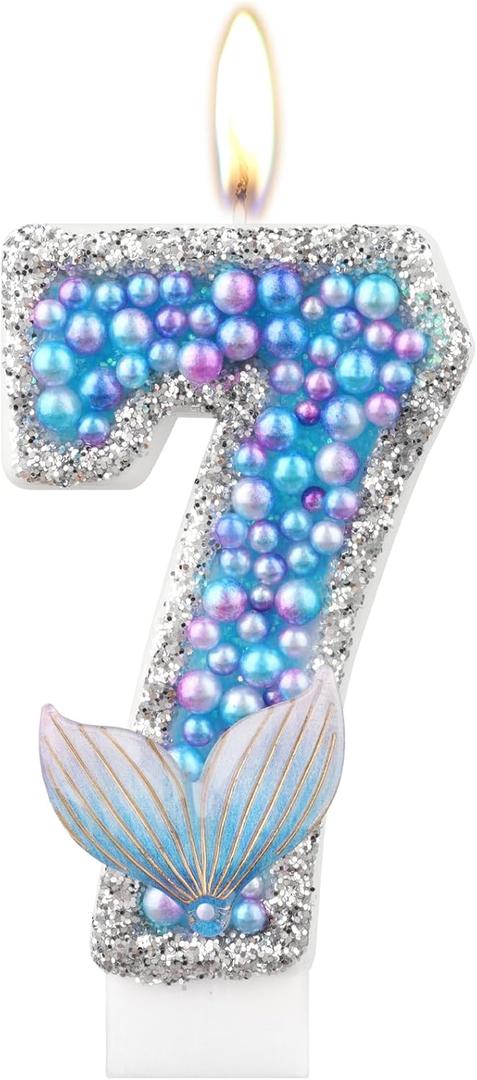 Purple 0 Birthday Number Candles,Glitter Blue Purple Pearls Mermaid Tail Number Birthday Candles for Girls Women Mermaid Themed Party Decorations Party Favors Cake Topper