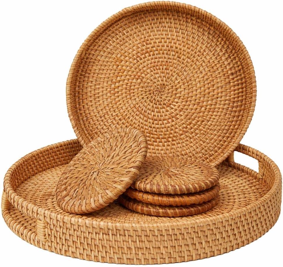 Round Rattan Serving Tray Set (2 Nesting Sizes) with Handles, 4 Coasters Included, Handwoven Boho Wicker Organizer for Coffee Table or Ottoman, 14.2 x 2.3 in and 11.9 x 1.7 in
