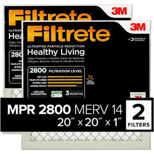 Filtrete 20x20x1 Air Filter, MPR 2800, MERV 14, Healthy Living Ultrafine Particle Reduction 3-Month Pleated 1-Inch Air Filters, 2 Filters