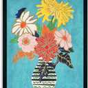 Yidepot Teal Gold Flowers Wall Decor - Vase Flower Boho Blue Floral Art Prints Fake Black Frame Colorful Art Work for Bedroom Walls 12"x15"-black wood frame