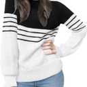 CiCiBird Womens Fall 2025 Color Block Sweater Striped Long Sleeve Knit Pullover Tops Loose Crew Neck Sweaters (M)
