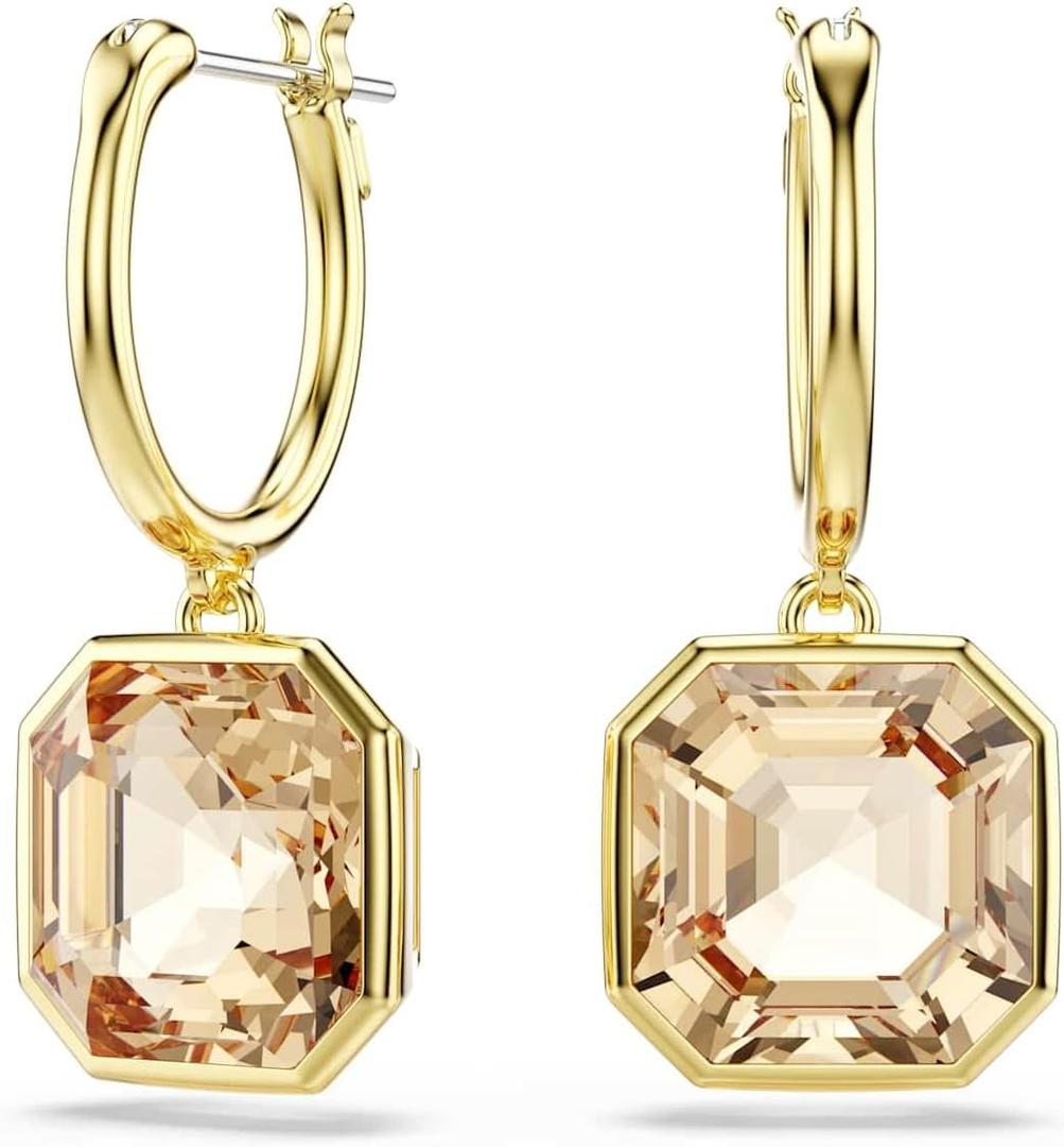 Swarovski Millenia drop earrings, Square cut, Caramel, Gold-tone Finish