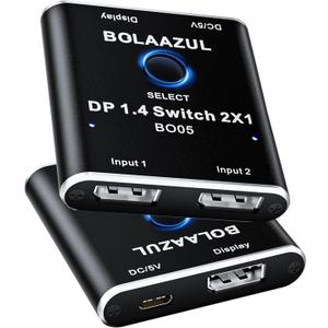 BolAAzuL DisplayPort Switch 8K 2 in 1 Out, Display Port 1.4 Splitter Switcher Selector Box - 8K@60Hz, 5K@120Hz, 4K@144Hz, 2K@165Hz - Unidirectional|Plug&Play|with Equalizer for PC Host Monitor Laptop
