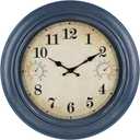 18 Inch Large Outdoor Wall Clock with Thermometer & Hygrometer, Waterproof Retro Blue Garden Clock for Patio, Pool, Backyard, Farmhouse Decor, Silent Non-Ticking