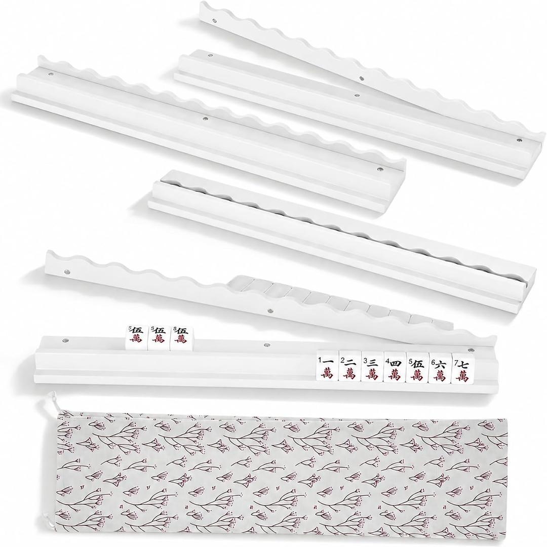 White Mahjong Racks with Magnetic Pushers Set of 4,19.6" Wooden Tile Racks