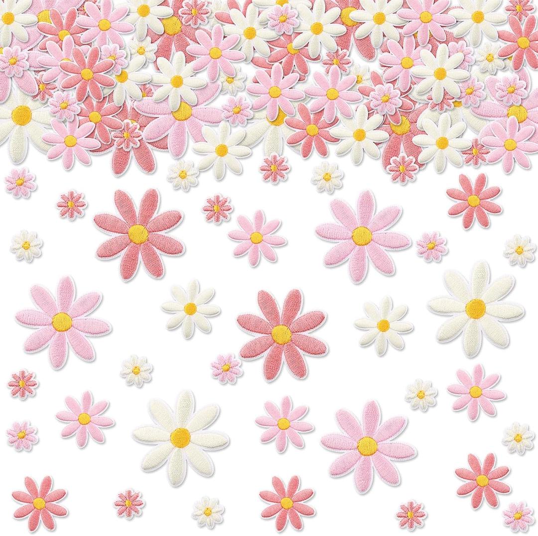 Lyrow 60 Pcs 3 Sizes Daisy Flower Iron on Patches Cute Colorful Flower Embroidered Sew on Applique Patches for Bags Hats Backpacks Shoes T-Shirt Clothes DIY Accessories(Beige, Light Pink, Pink)