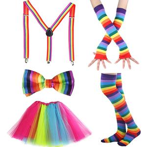 80s Costume Neon Outfits Accessories Set Women Fancy Dress Rainbow Tutu Leg Glove Necklace Headband Earring Glasses, Large