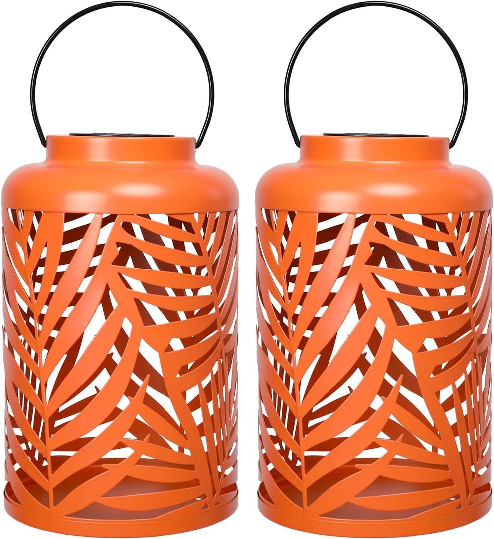 Solar Lantern Outdoor Waterproof Lanterns, 2 Pack Metal Leaf Projection Hanging Lanterns Decorative Lantern for Patio Garden Yard Backyard Front Porch (Orange)