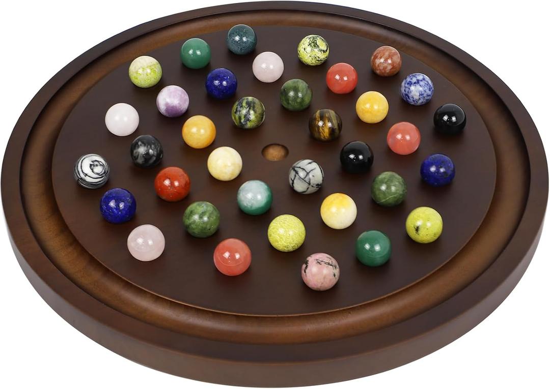 Large Solitaire Game Handmade Solid Wooden Marble Board Game Set with 36 Natural Marble Marbles Classic Thick Round Board Games for Adults Game Night (Walnut, Medium)