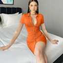 DAAWENXI Women's Sexy V Neck Ruched Button Down Clubwear Night Out Mini Club Dress (Orange, L)