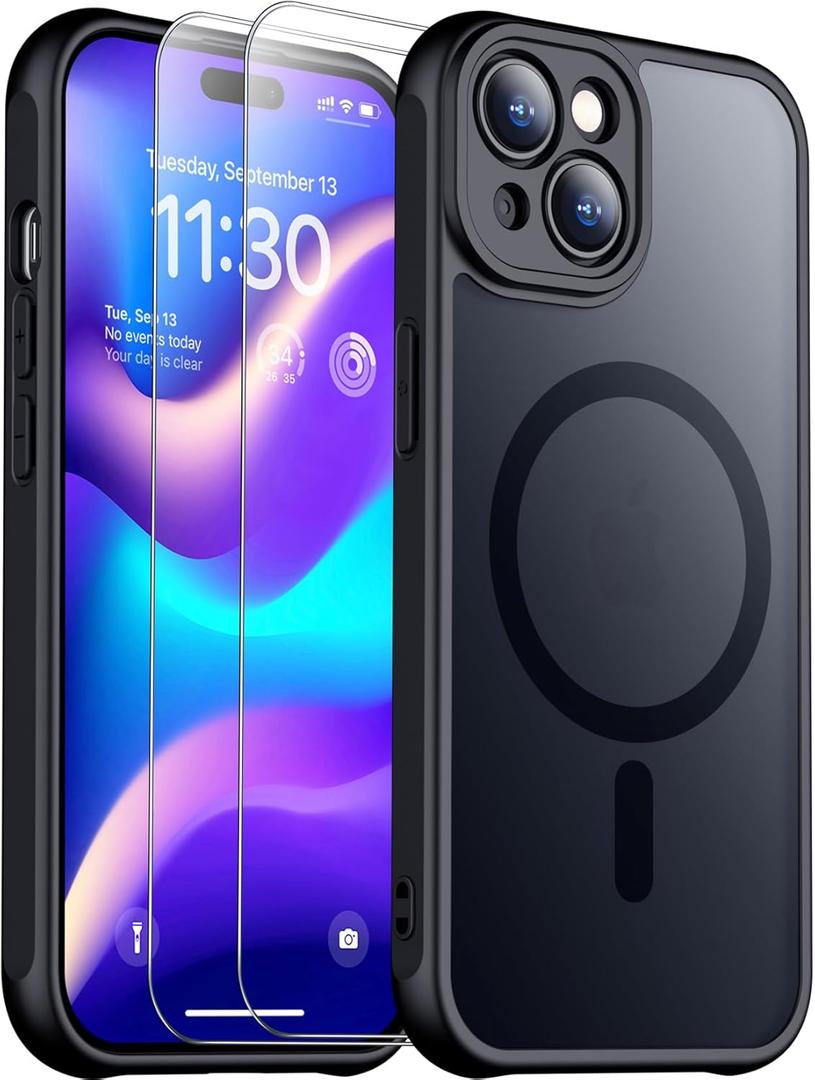 SPIDERCASE Only Designed for iPhone 15 Plus Case, Magnetic [2 Pcs Tempered Glass Screen Protector] [Full Camera Protection] Anti-Fingerprint Anti-Scratch for iPhone 15 Plus 6.7, Black