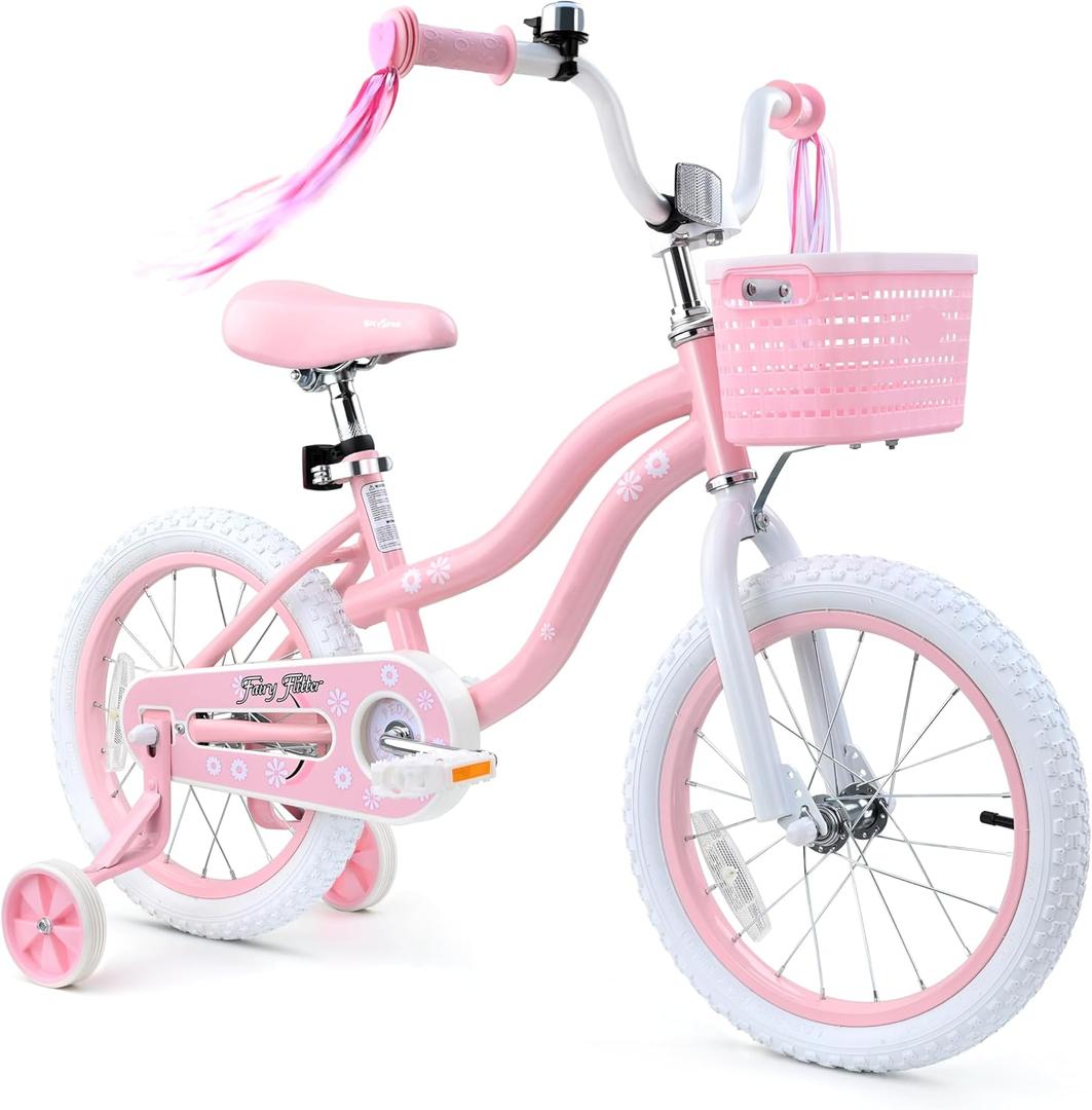 bicystar Girls Bike for Kids Ages 2-8 Years, 12 14 16 18 Inch Kids Bike with Training Wheels, Basket & Streamers, Pink Little Girls Bicycle with Coaster Brake, Birthday Gift