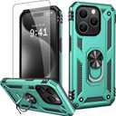 2 x IKAZZ for iPhone 15 Pro Case 6.1 Inch with Screen Protector,Military Grade Shockproof Heavy Duty Protective Phone Cover Pass 16ft Drop Test with Magnetic Kickstand Car Mount Holder,Turquoise