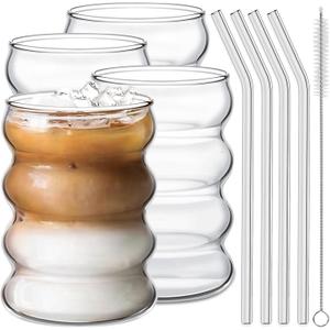 Ework4U 4 Pcs Drinking Glasses with Glass Straw 14oz Glassware Set,Cocktail Glasses,Iced Coffee Glasses,Beer Glasses,Ideal for Water,Soda,Tea,Gift - with Cleaning Brushe (Bamboo)