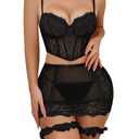 Mixxmix Women Lingerie Sets Sexy Lace Bralette Corset Bra and Skirt Sets Rave Outfits Teddy Babydoll（Black,XL）
