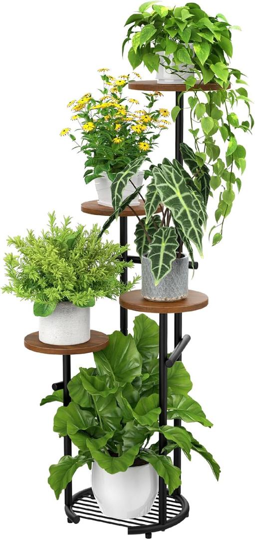 TOSKING 5 Tier Thickened Metal Plant Stand Indoor,Plant Shelf, Corner Shelf, Flower Pot Stand for Multiple Plants, Indoor Plants Tiered Stand for Living Room Balcony Garden Patio Bedroom (Black and Brown, 42in)