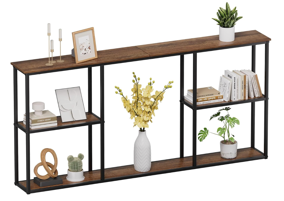 WOHOMO 63 in Entryway Table Modern Sofa Table with Shelves Walnut