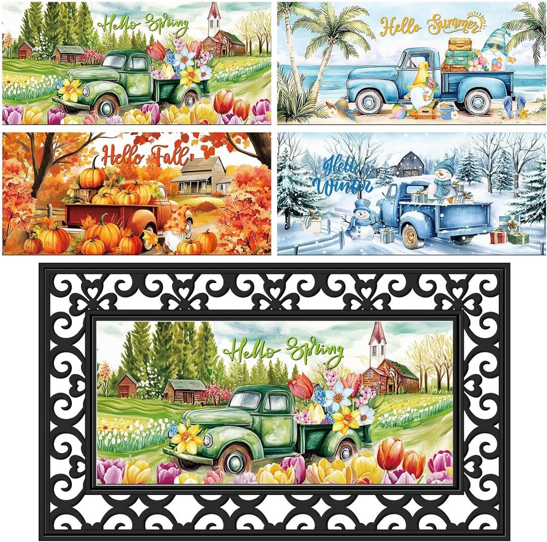 Tinideya Doormat Inserts Seasonal Entrance Doormats Spring Summer Interchangeable Welcome Doormats Welcome Mat for Holiday Front Door Entrance Decor, 22 x 10 Inches(No Frame)(Truck)