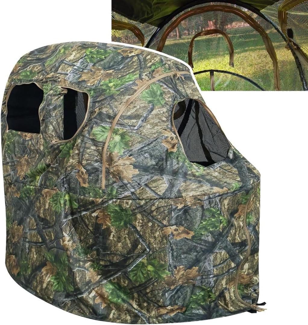 See-Through Hunting Ground Blind with Built-in Chair for Deer Hunting - 1 Person Pop-Up Camouflage Tent